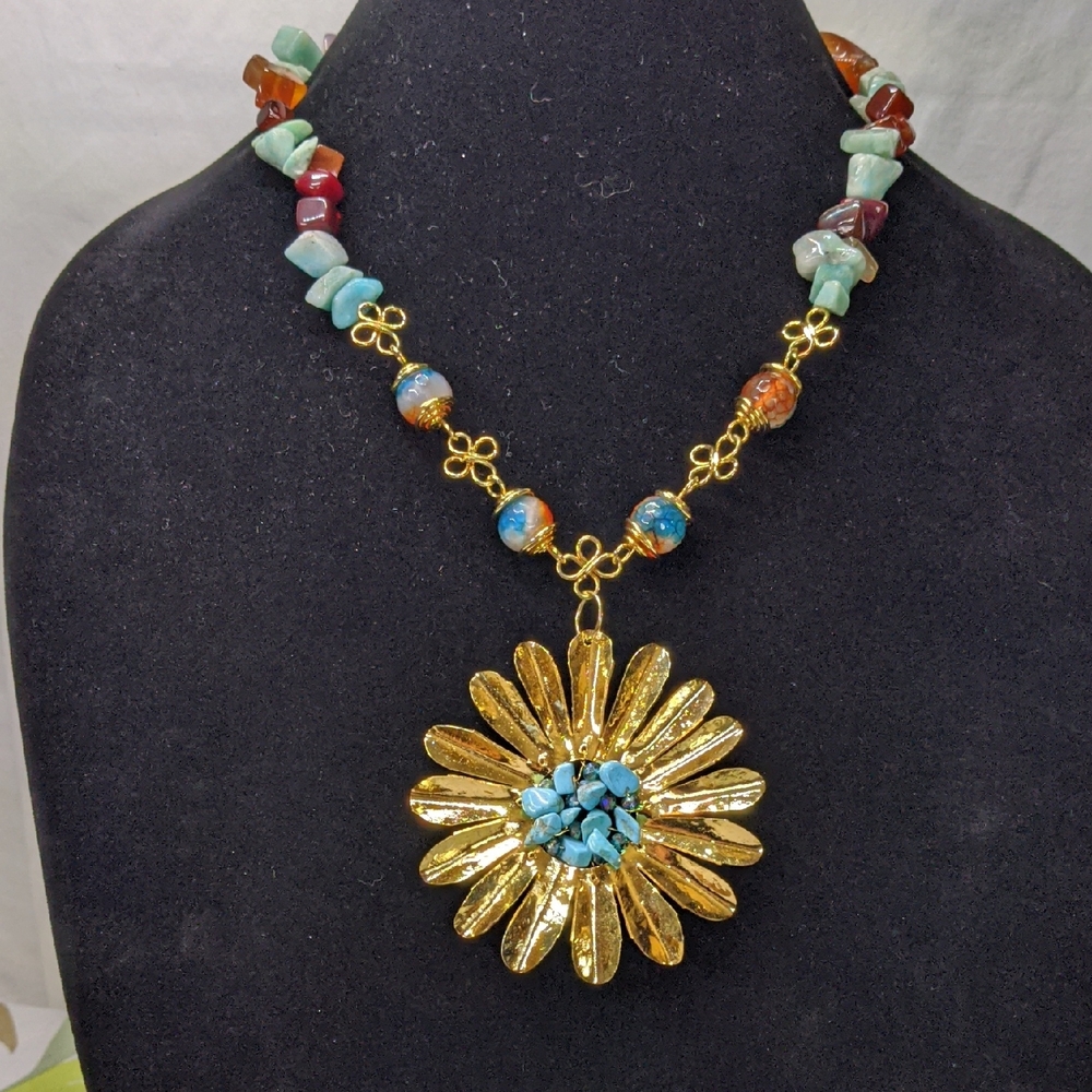 Handcrafted Flower Necklace With Glass, Stone, & AB Beads, Gold-tone, Adjustable